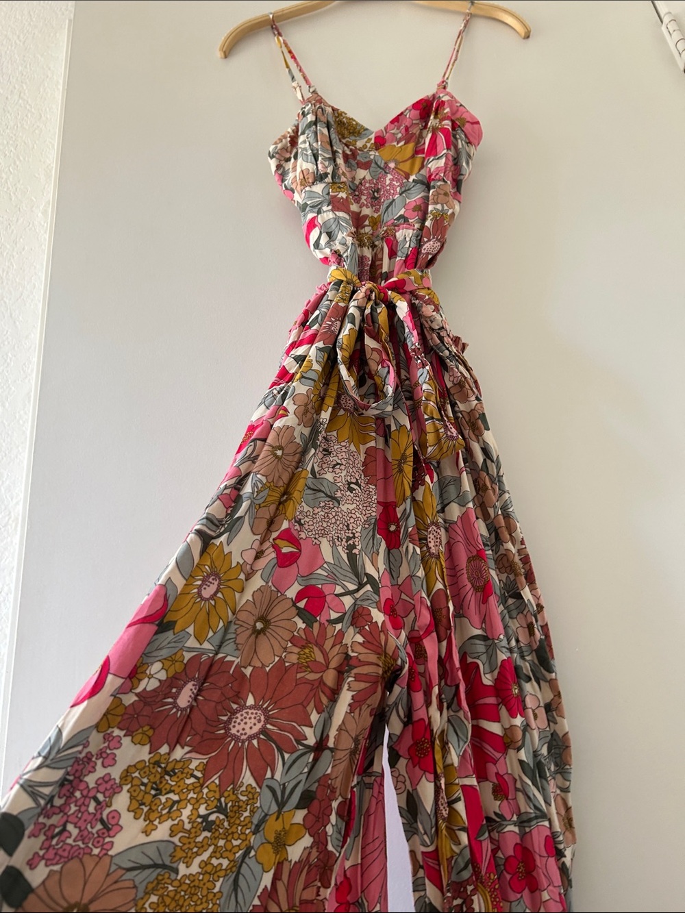 Millibon Boho Wide Leg Jumpsuit in Pinks, Mustard & Gray.
